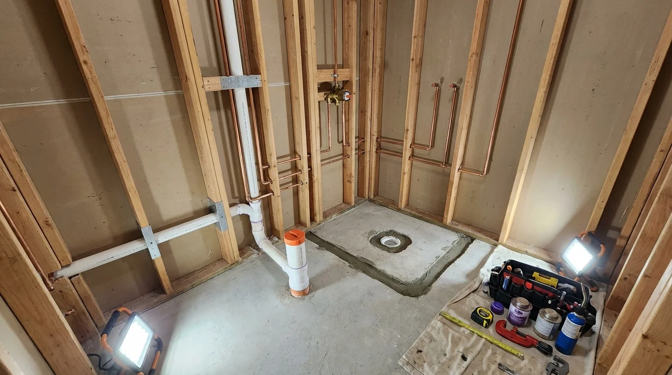 Bathroom rough-in plumbing during remodel by Johns Plumbing LLC in Holtsville