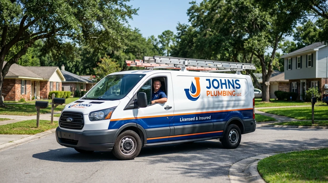 Johns Plumbing LLC service van in Holtsville, NY