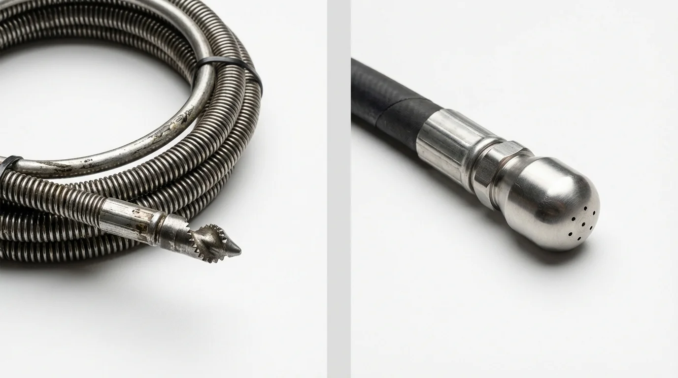 Drain snake cable and hydro jetting nozzle used for drain cleaning in Holtsville, NY