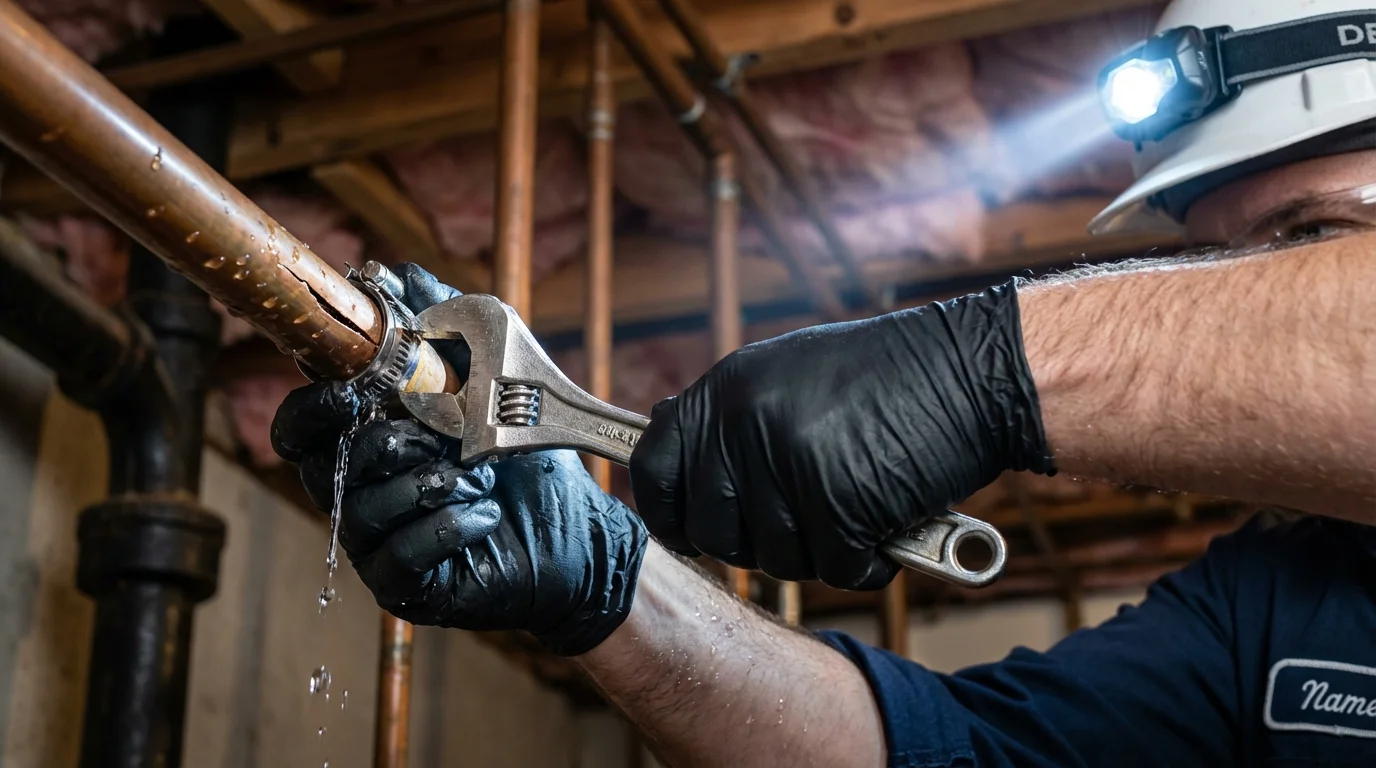 Emergency pipe clamp repair being performed by a Johns Plumbing LLC plumber in Holtsville