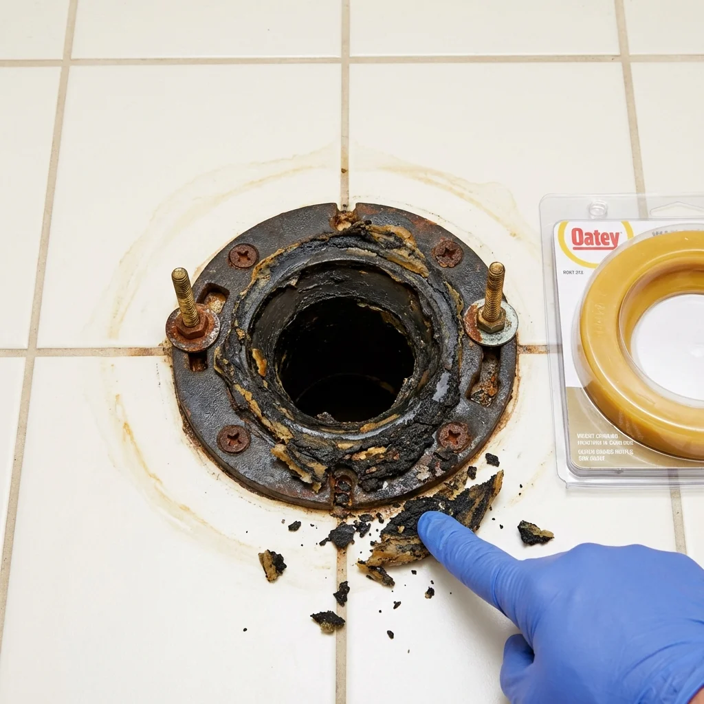 Failed wax ring showing water seepage at the base of a toilet in a Holtsville, NY home