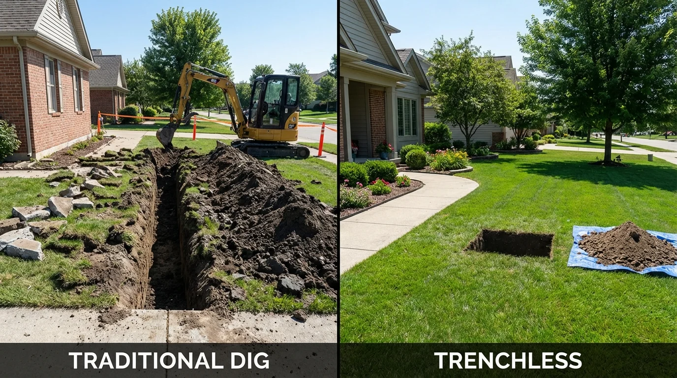 Trenchless sewer repair with minimal yard damage versus traditional excavation in Holtsville, NY