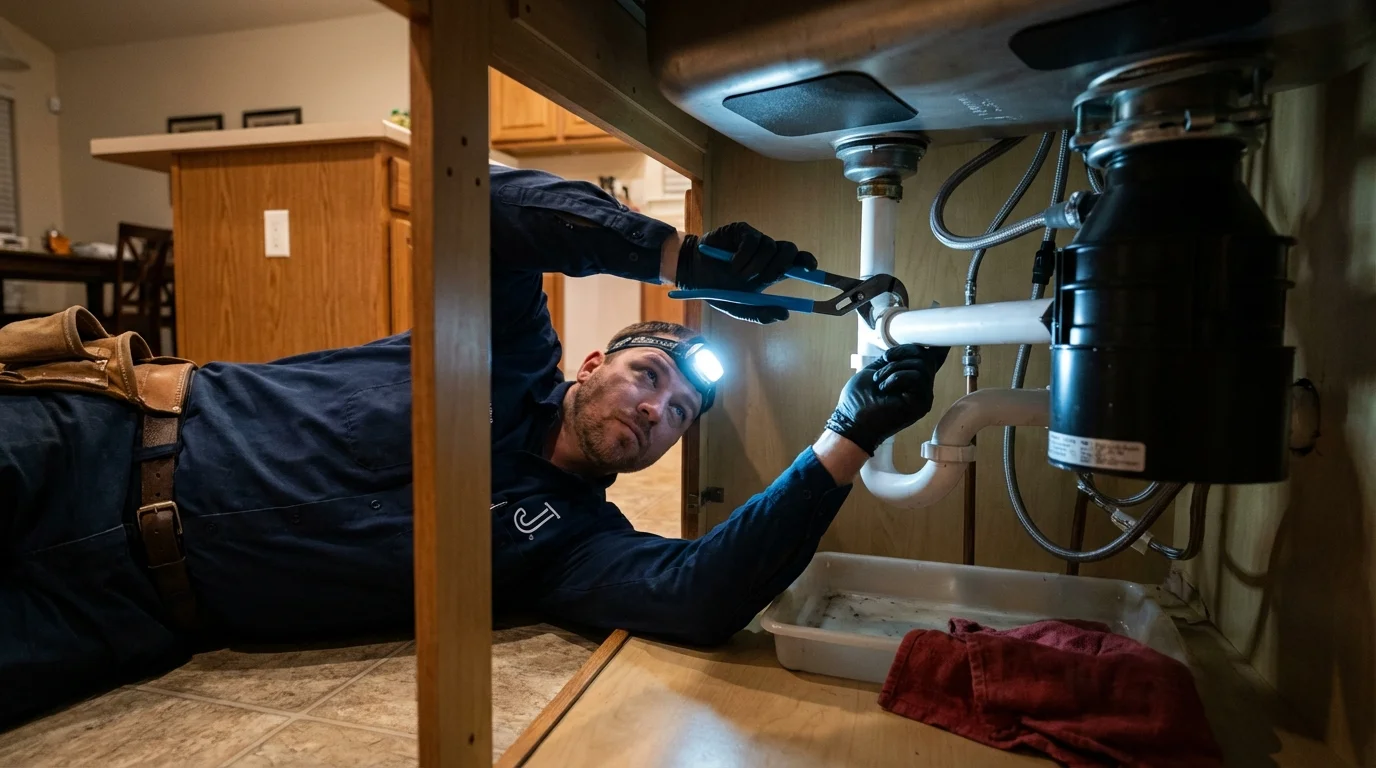 P-trap and supply line connections under a kitchen sink showing a common leak point in Holtsville, NY
